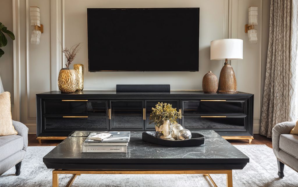 Black wood television unit in contemporary interior