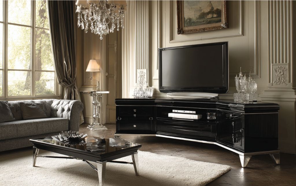 Black and chrome corner TV unit with metallic accents