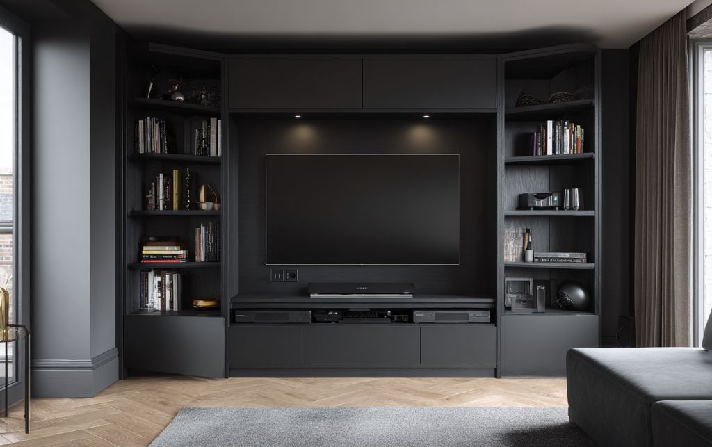 Black corner TV unit 50 inch with tailored compartments
