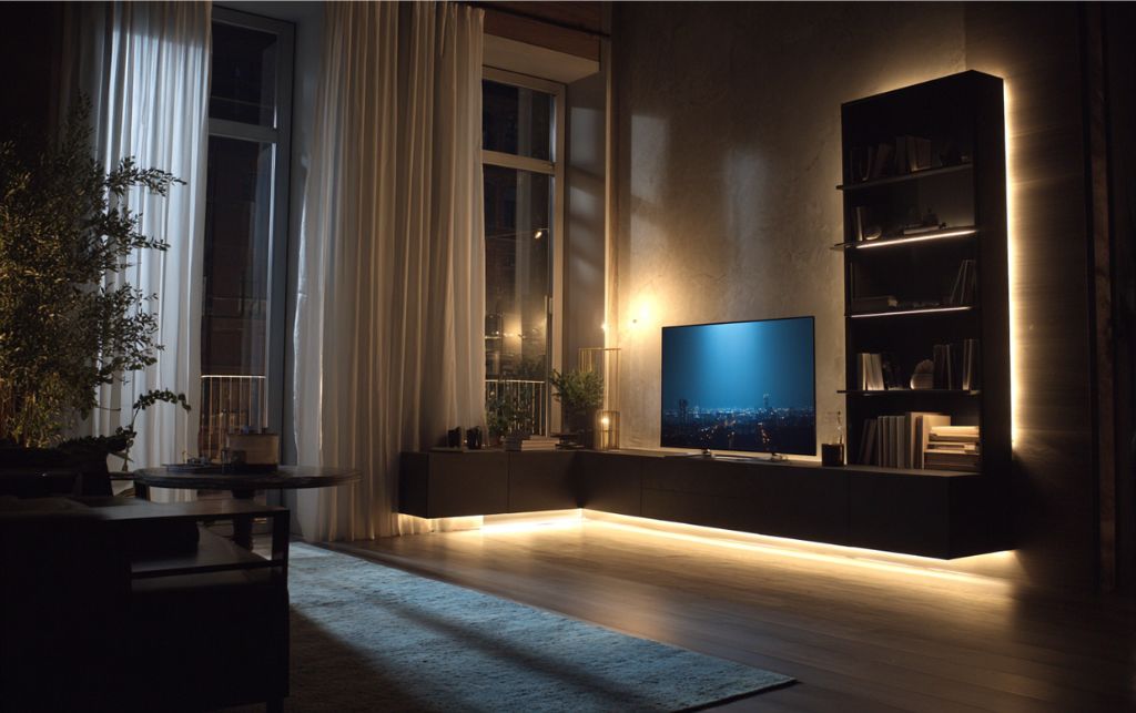 Black corner TV unit with integrated LED lighting system