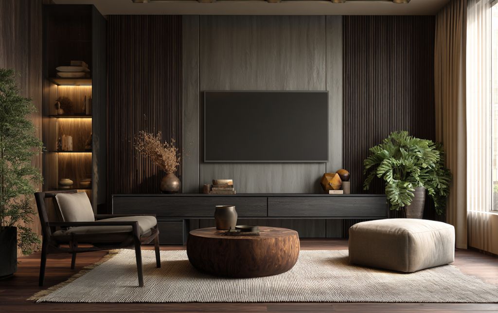 Black wood corner TV unit celebrating natural grain patterns