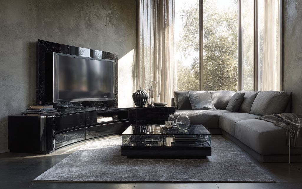 High gloss black corner TV unit with reflective surface